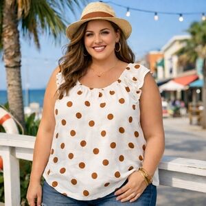 Penningtons Linen Viscose Blend White Brown Polka Dot Top Plus Size Tie Back